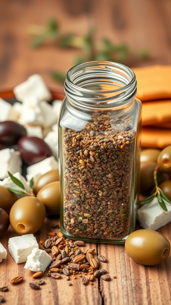 A jar of homemade Herby Mediterranean Spice Blend surrounded by olives and feta cheese.