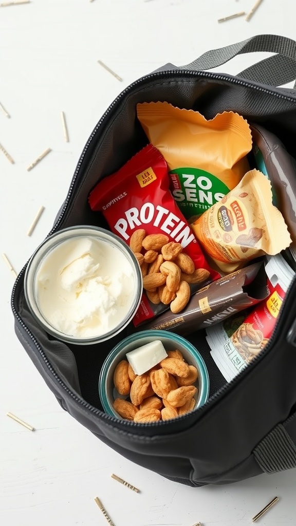 A packed snack bag with protein bars, yogurt, nuts, and dried fruit.