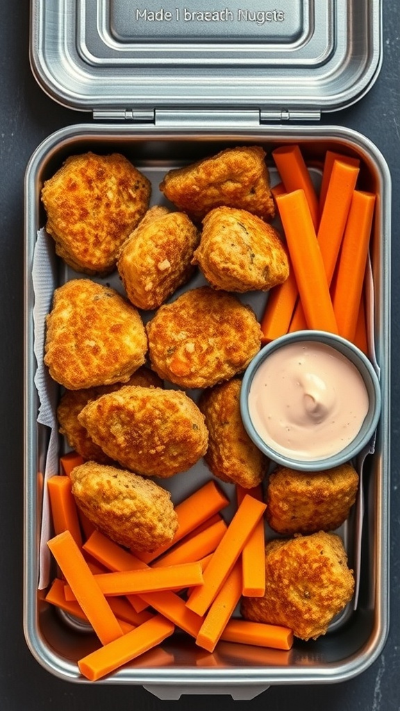 A lunchbox filled with homemade chicken nuggets, carrot sticks, and dipping sauce.