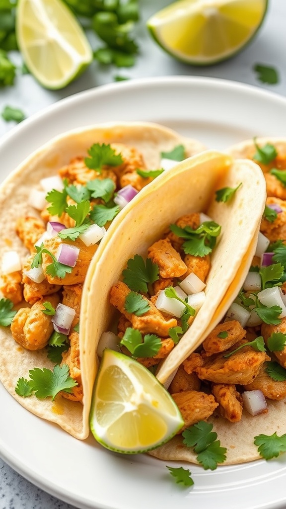 Two homemade chicken tacos topped with cilantro and onions, served with lime wedges.