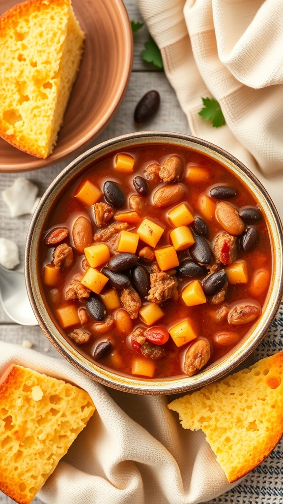 A bowl of homemade chili with beans and ground meat, served with cornbread on the side.