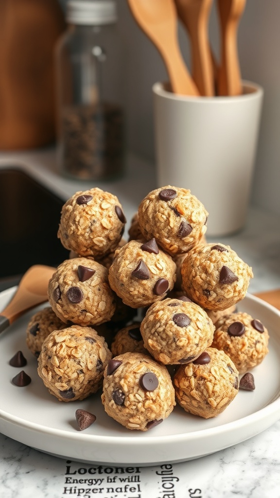 A plate of homemade energy bites with chocolate chips, surrounded by kitchen utensils.
