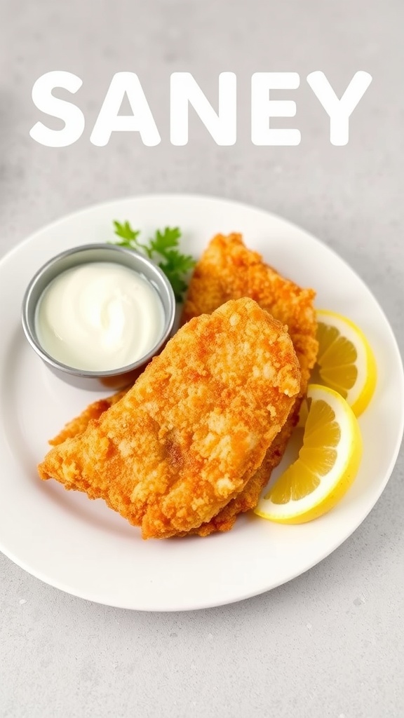 Plate of homemade fish sticks with lemon slices and dipping sauce