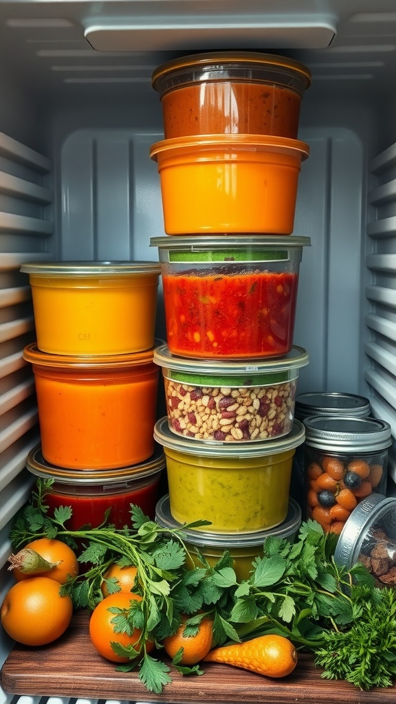 Colorful containers of homemade soups ready for meal prep.