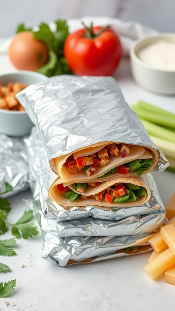 A stack of homemade burritos wrapped in foil, with fresh ingredients nearby.