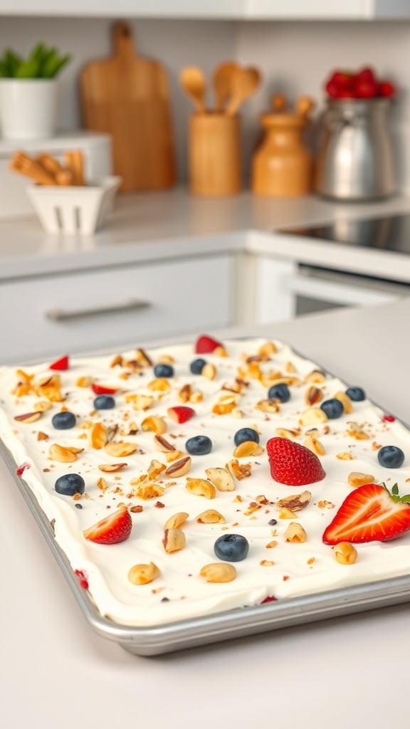 A tray of homemade frozen yogurt bark topped with strawberries, blueberries, and nuts.