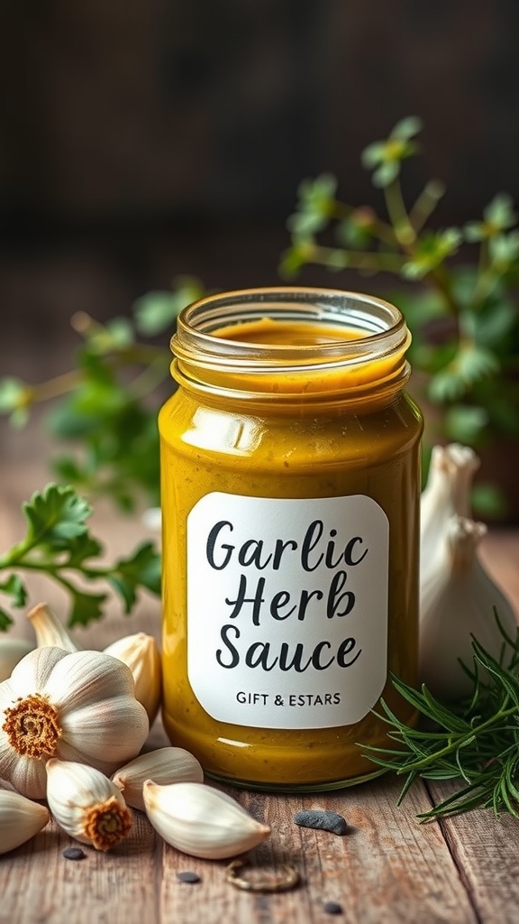Homemade Garlic Herb Sauce in a jar with garlic and herbs around it