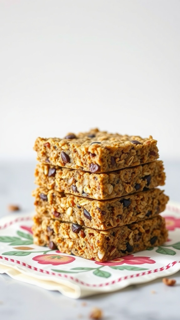 Homemade granola bars stacked on a decorative plate.