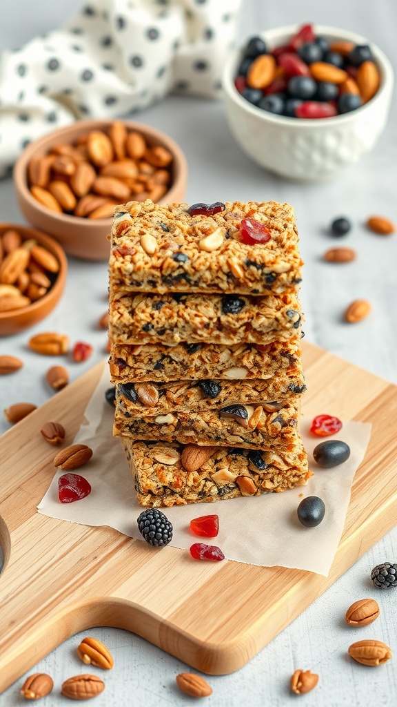 Delicious homemade granola bars stacked on a wooden board with nuts and berries scattered around.