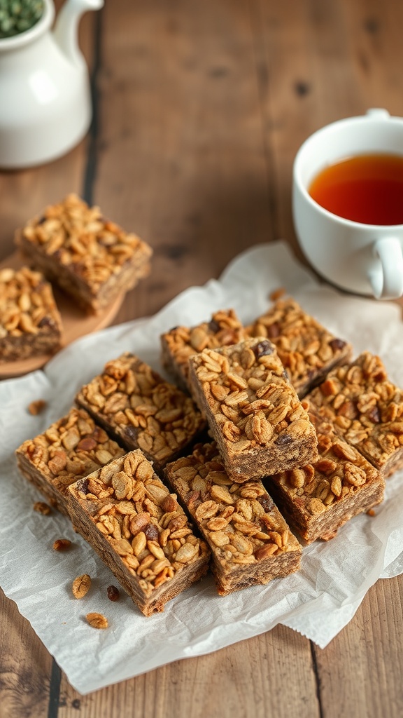 Homemade granola bars stacked on parchment paper with a cup of tea in the background.