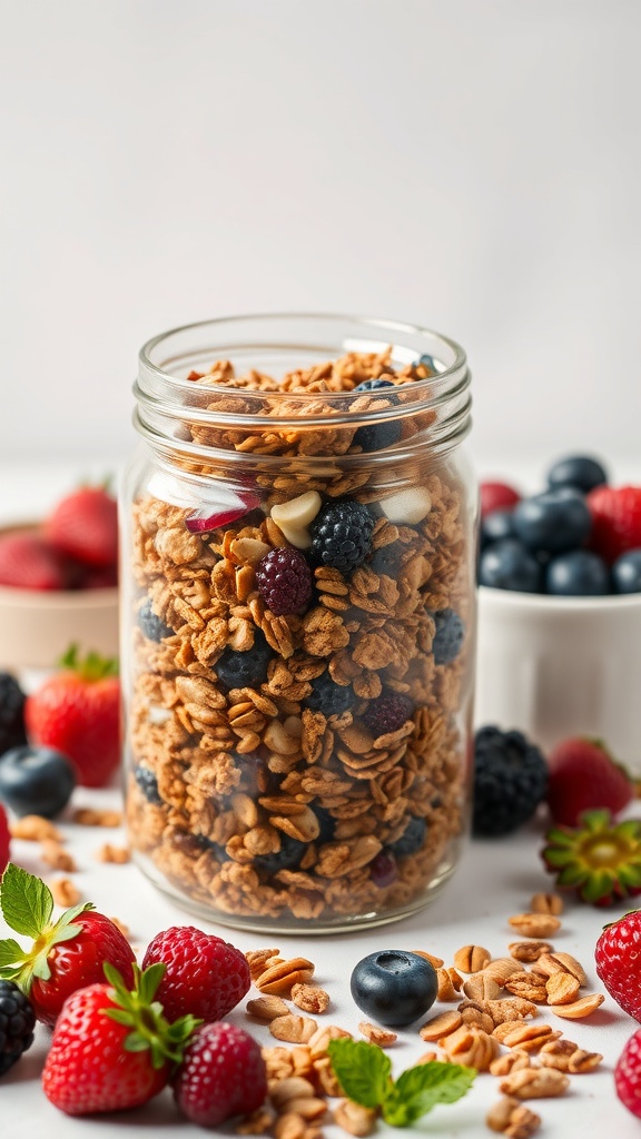 A jar of homemade granola surrounded by fresh berries
