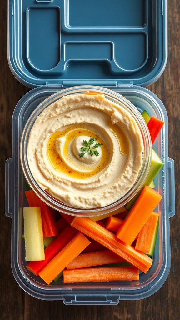 A lunchbox filled with homemade hummus and colorful veggie sticks.