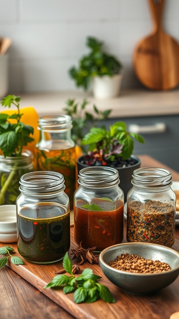 Jars of homemade marinades and fresh herbs arranged on a wooden surface.