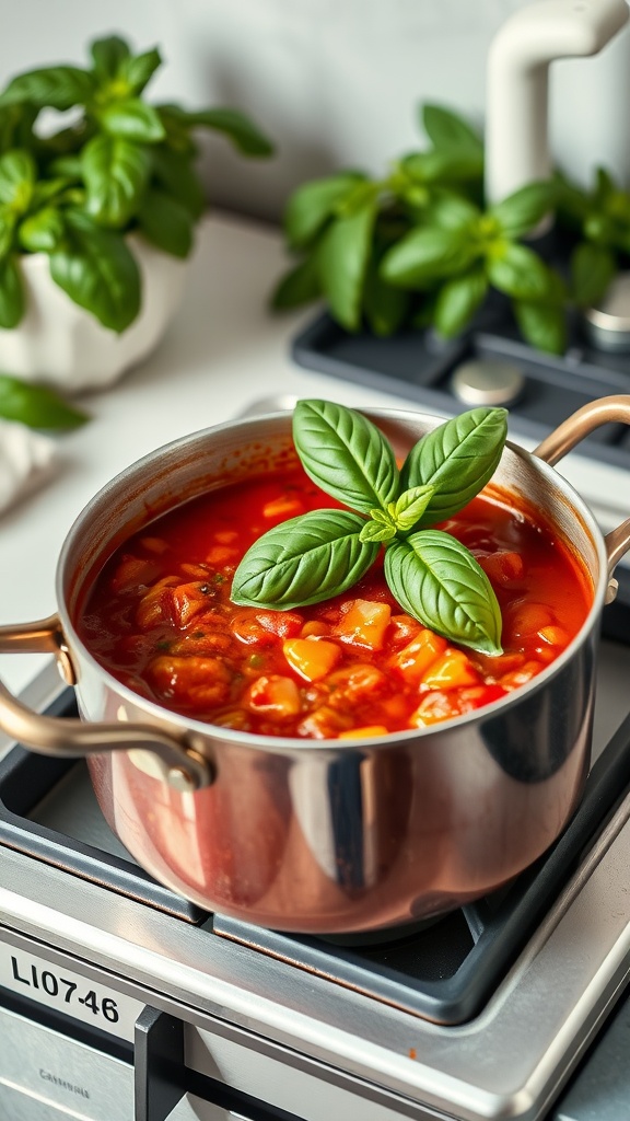 A pot of homemade marinara sauce with fresh basil leaves