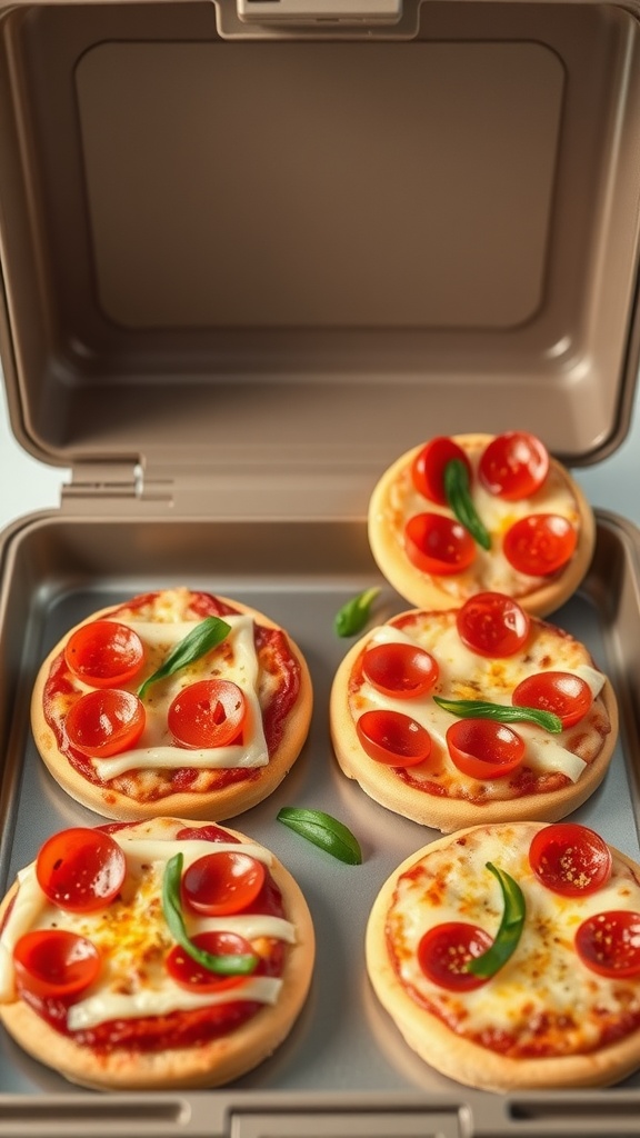 Homemade mini pizzas with various toppings packed in a lunchbox