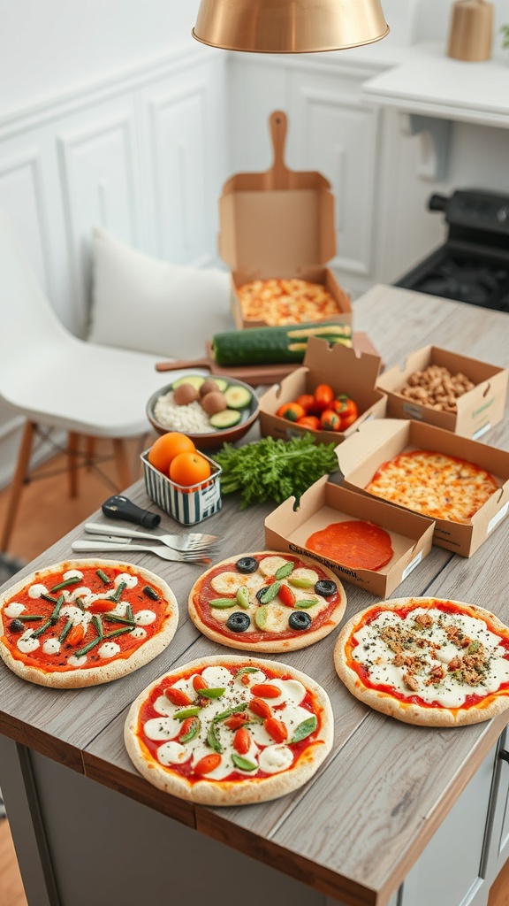 A variety of homemade pizza kits with toppings and bases ready for family fun.