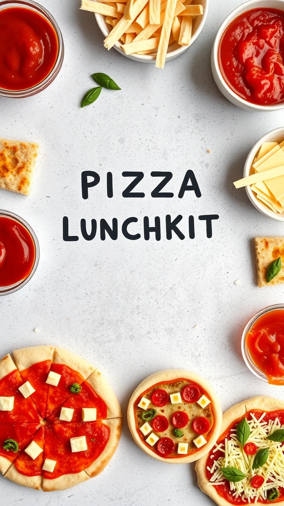 A colorful display of ingredients for homemade pizza lunchables, including dough, sauce, cheese, and toppings.