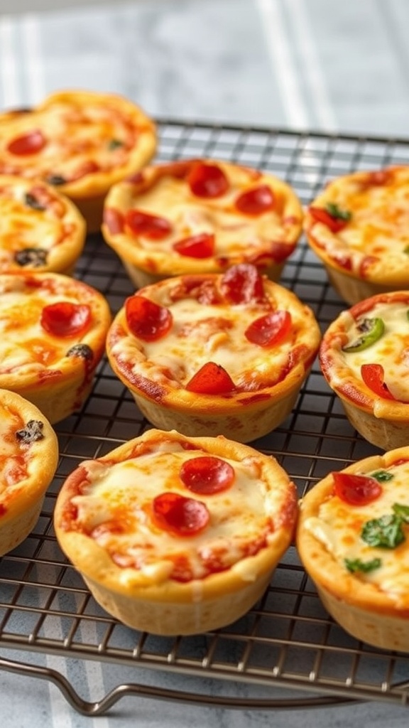 A batch of tasty homemade pizza muffins baked to golden perfection, with toppings like pepperoni and cheese.