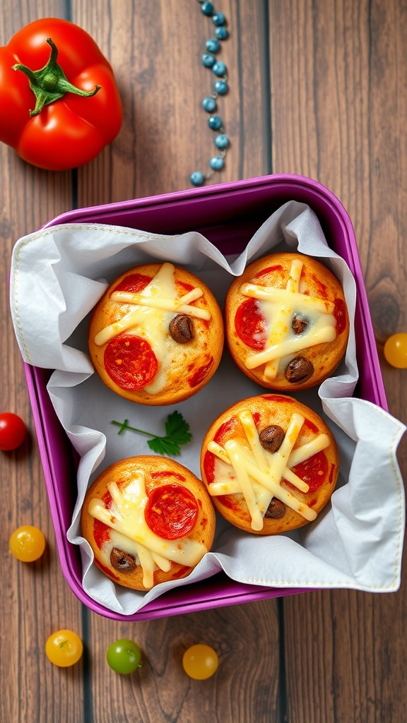 A close-up view of homemade pizza muffins in a lunchbox, showcasing their cheesy toppings and vibrant colors.