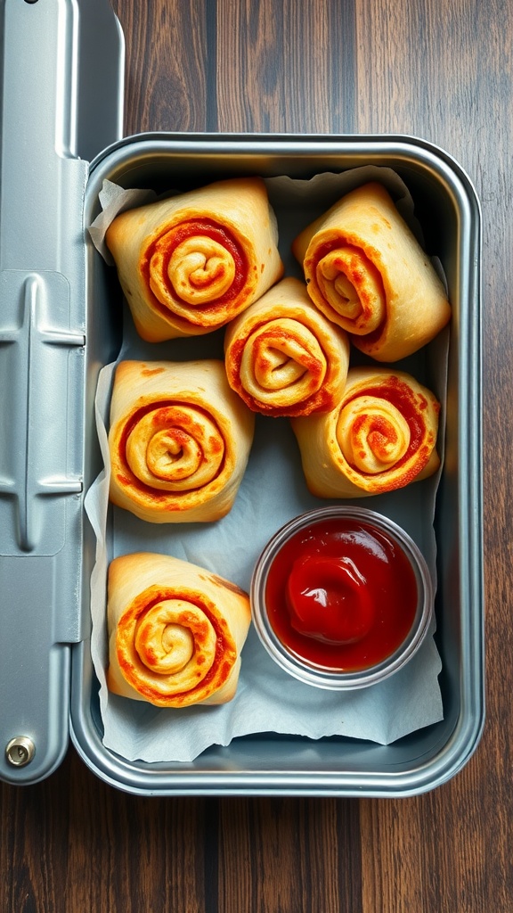 Homemade pizza rolls in a lunchbox with a side of dipping sauce.
