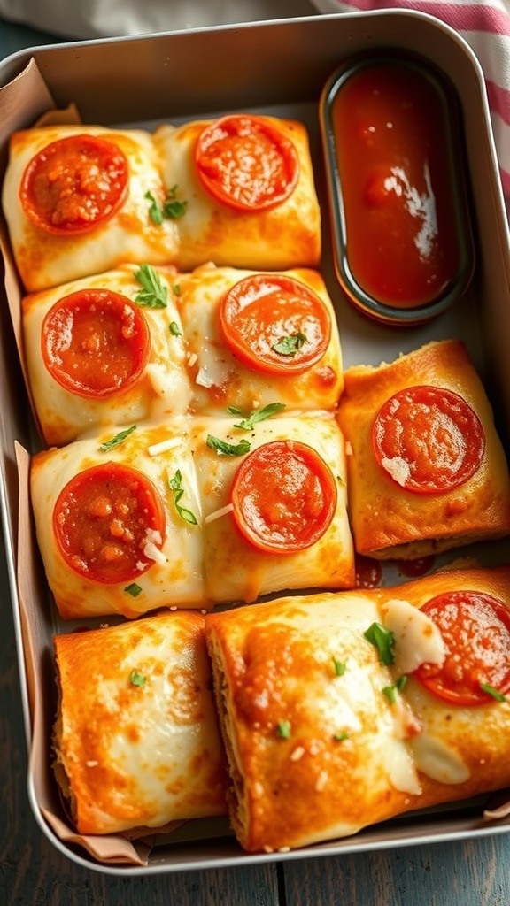 A lunchbox filled with homemade pizza rolls and marinara sauce