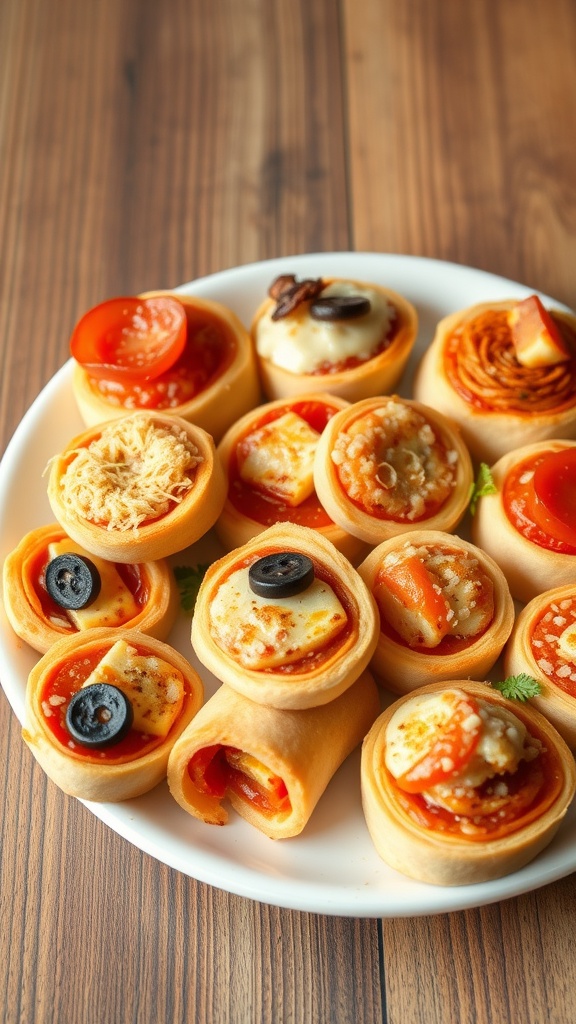A plate of homemade pizza rolls with various toppings like olives, tomatoes, and cheese.