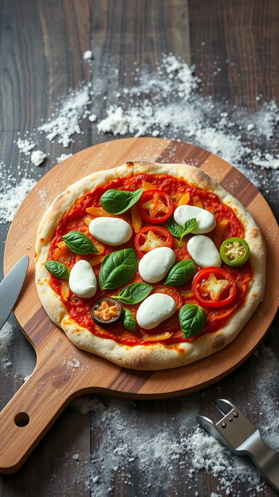 A homemade pizza topped with fresh basil, mozzarella, and colorful vegetables on a wooden pizza peel.