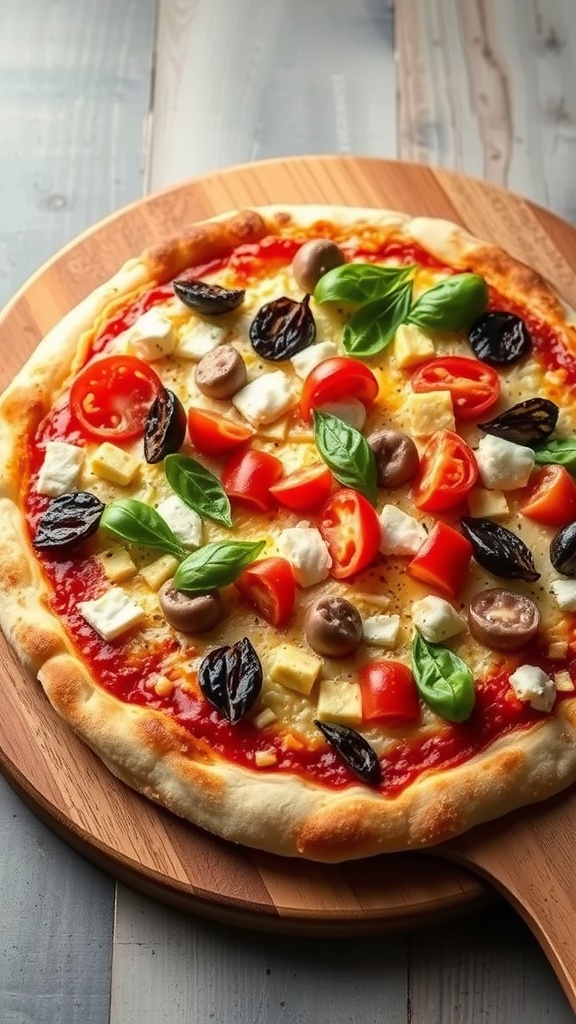 Homemade pizza topped with fresh tomatoes, olives, and basil on a wooden board.
