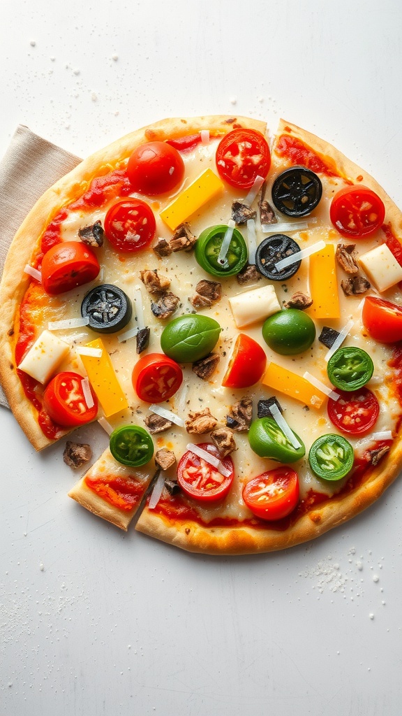 A homemade pizza topped with fresh vegetables and cheese.