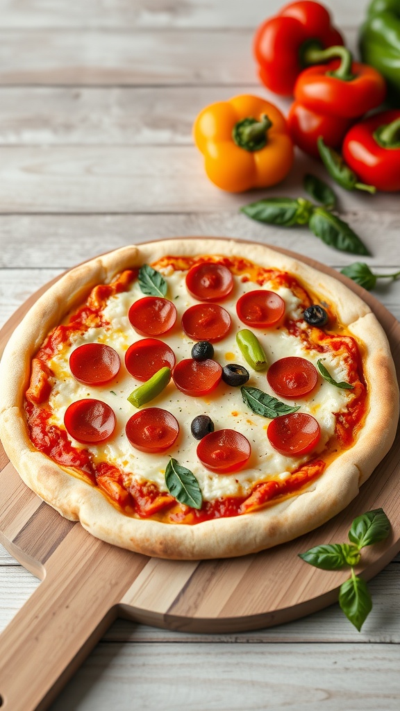 Homemade pizza topped with pepperoni, olives, and fresh basil on a wooden pizza board.