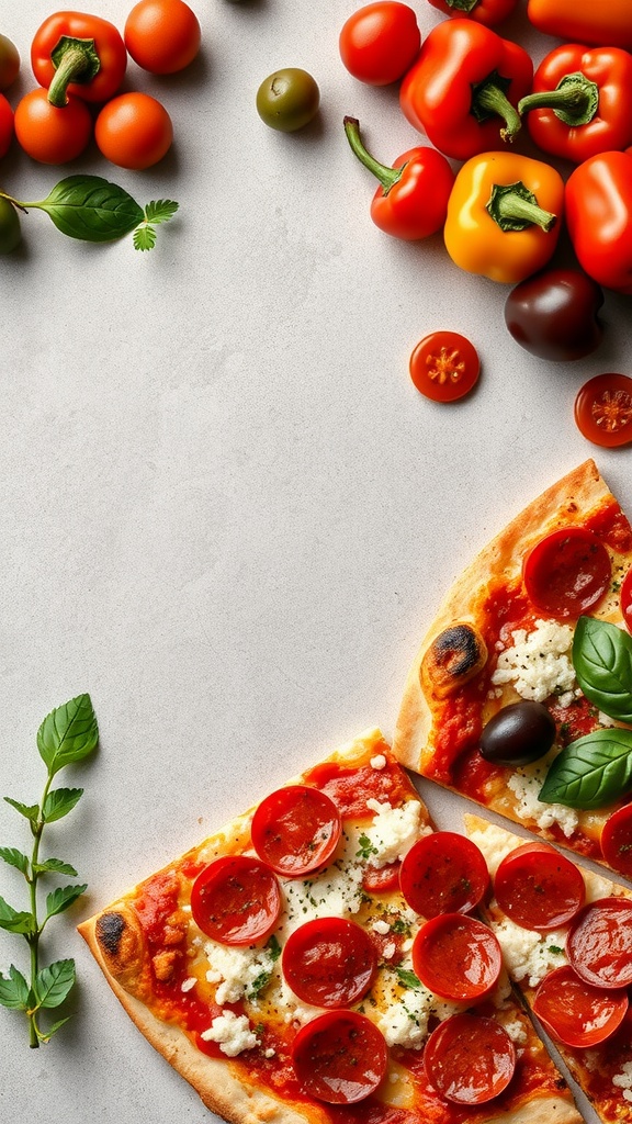Homemade pizza with various toppings on a gray surface.