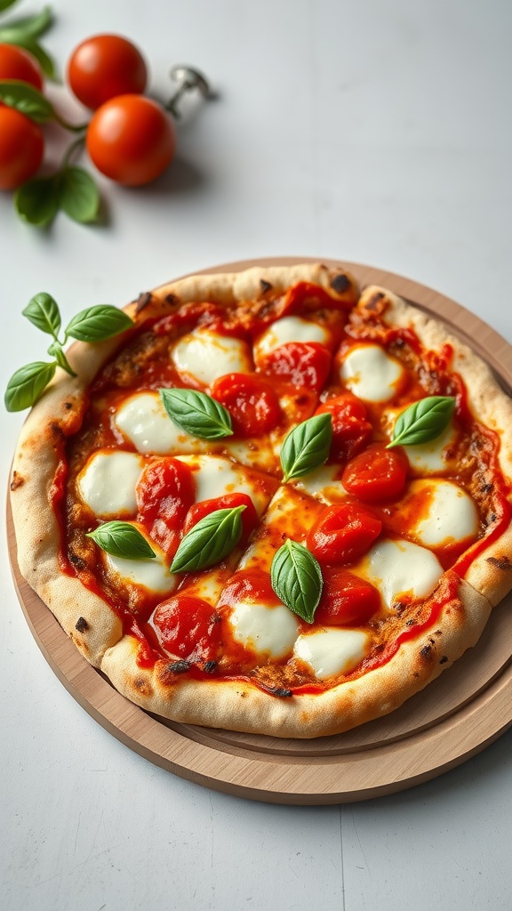Delicious homemade pizza topped with fresh basil and cherry tomatoes.