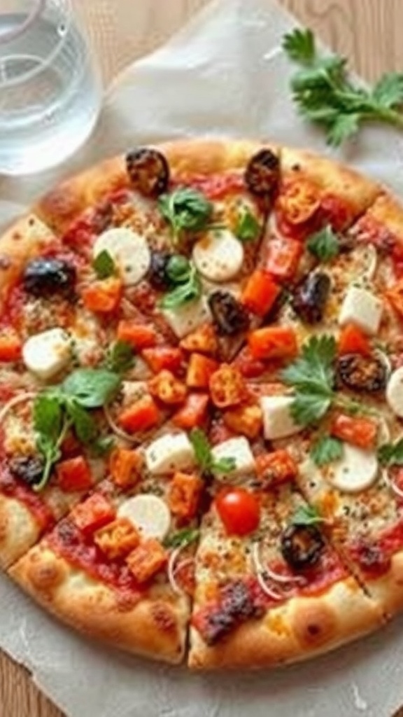A delicious homemade pizza topped with various ingredients including veggies and cheese.