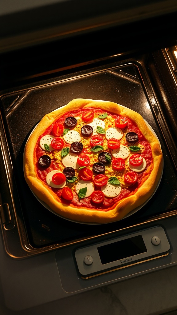 A freshly made homemade pizza with various colorful toppings in an oven.