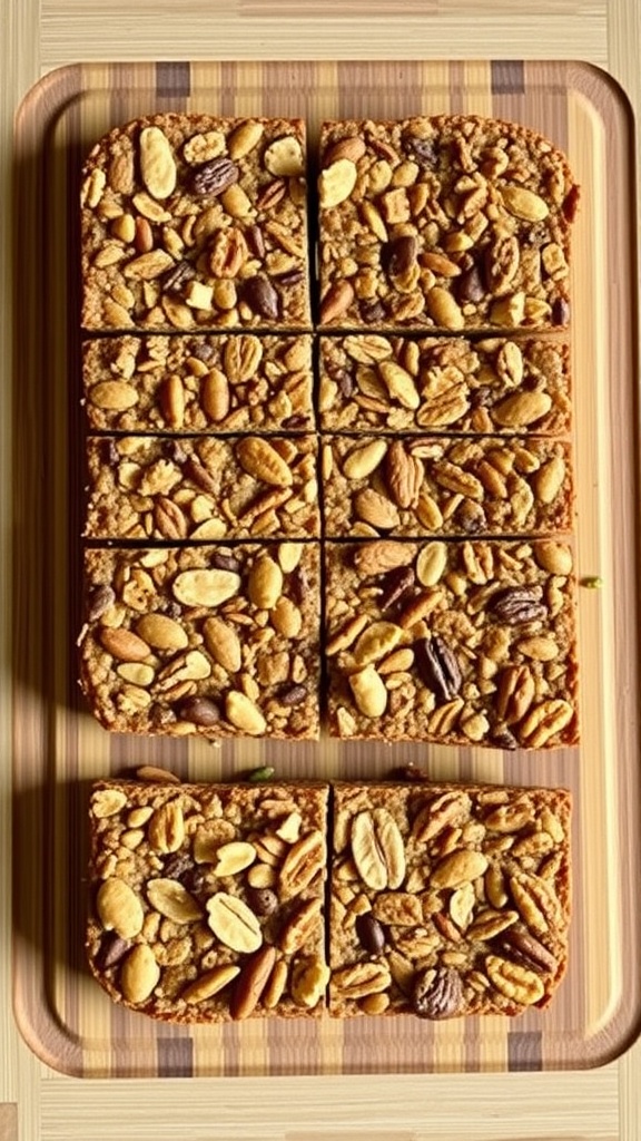 Homemade protein bars with nuts and seeds, cut into squares on a wooden board.