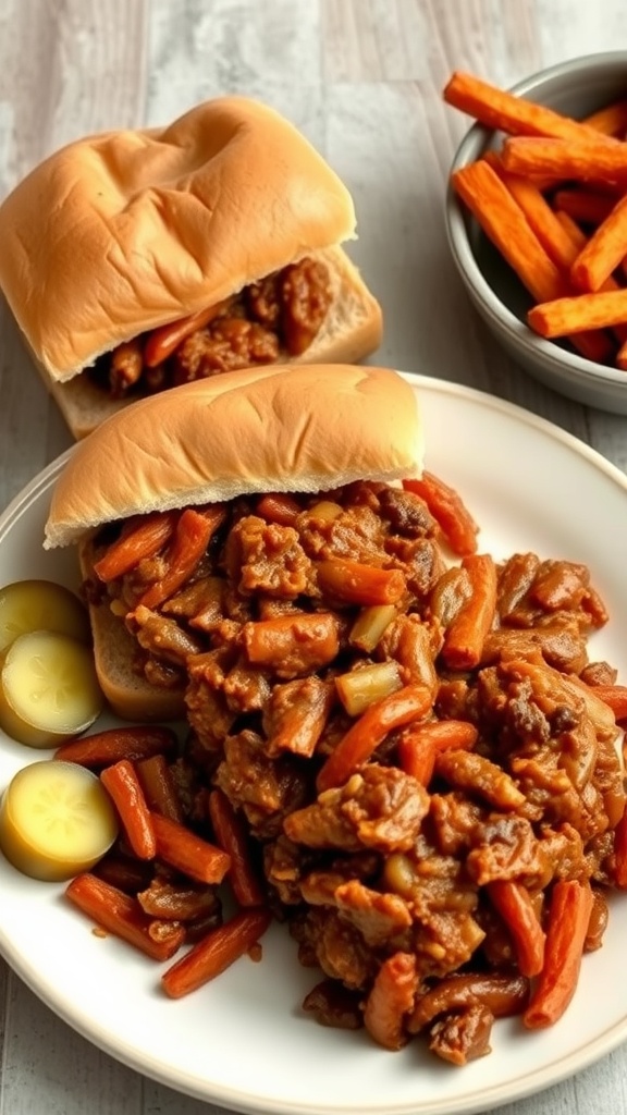 Plate of homemade Sloppy Joes served with pickles and fries