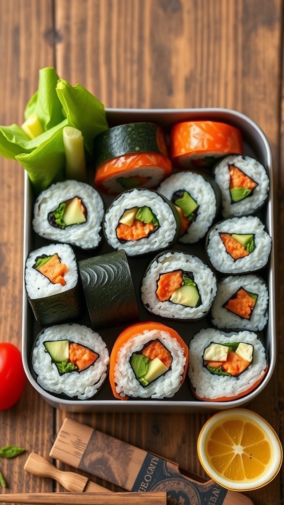 A selection of homemade sushi rolls with fresh ingredients
