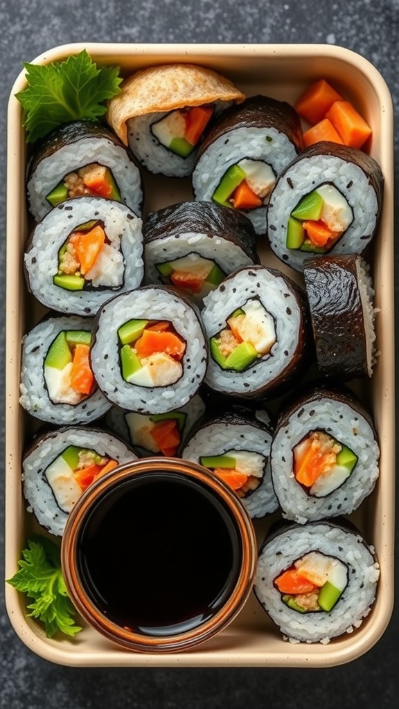 A lunchbox filled with homemade sushi rolls, featuring colorful vegetables and a small bowl of soy sauce.