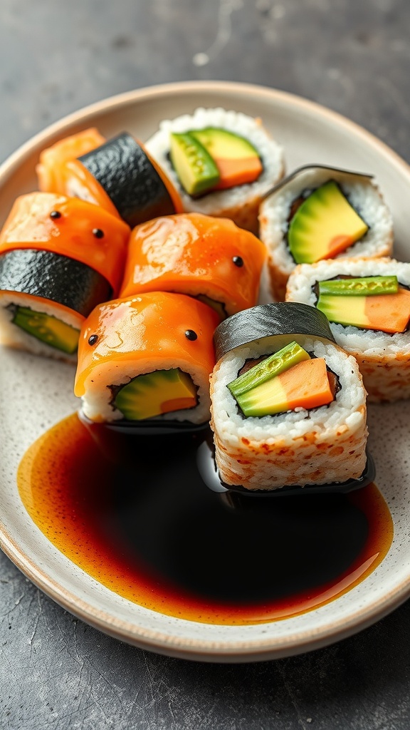 A plate of colorful homemade sushi rolls with soy sauce