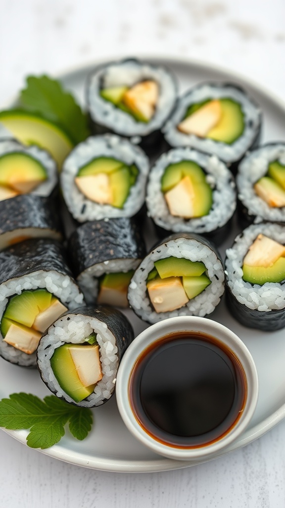 A plate of homemade sushi rolls with cucumber and tofu, accompanied by a small bowl of soy sauce.