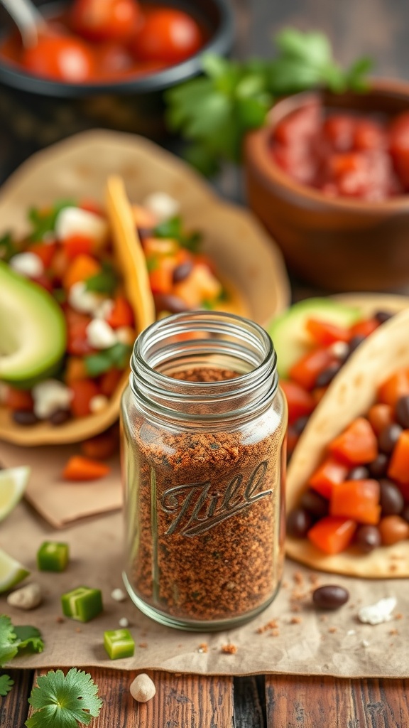 A jar of homemade taco seasoning surrounded by fresh ingredients for tacos.