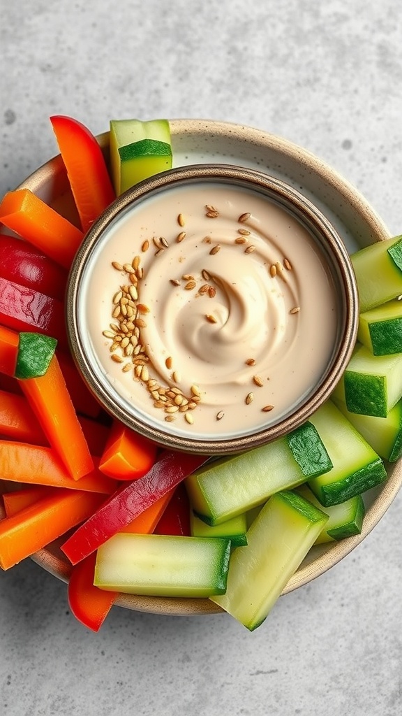 A bowl of homemade tahini sauce surrounded by colorful sliced vegetables.