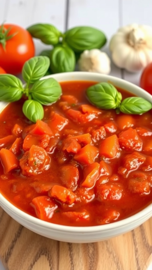 A bowl of homemade tomato basil marinara sauce with fresh basil and tomatoes.