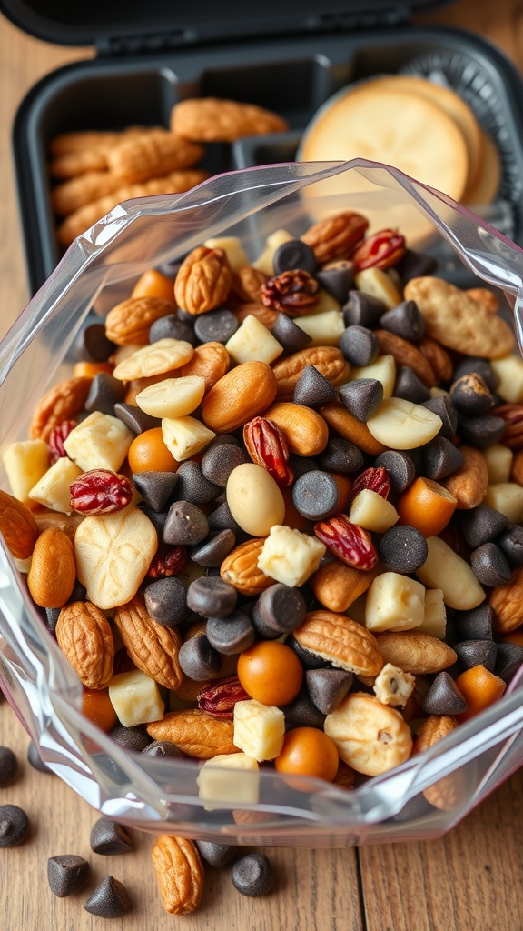 A bowl of colorful homemade trail mix with nuts, dried fruits, and chocolate.