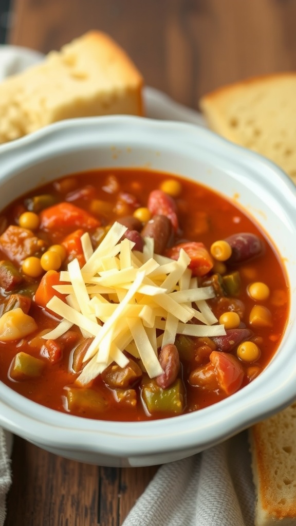 A bowl of homemade vegetable chili topped with cheese, accompanied by slices of bread.