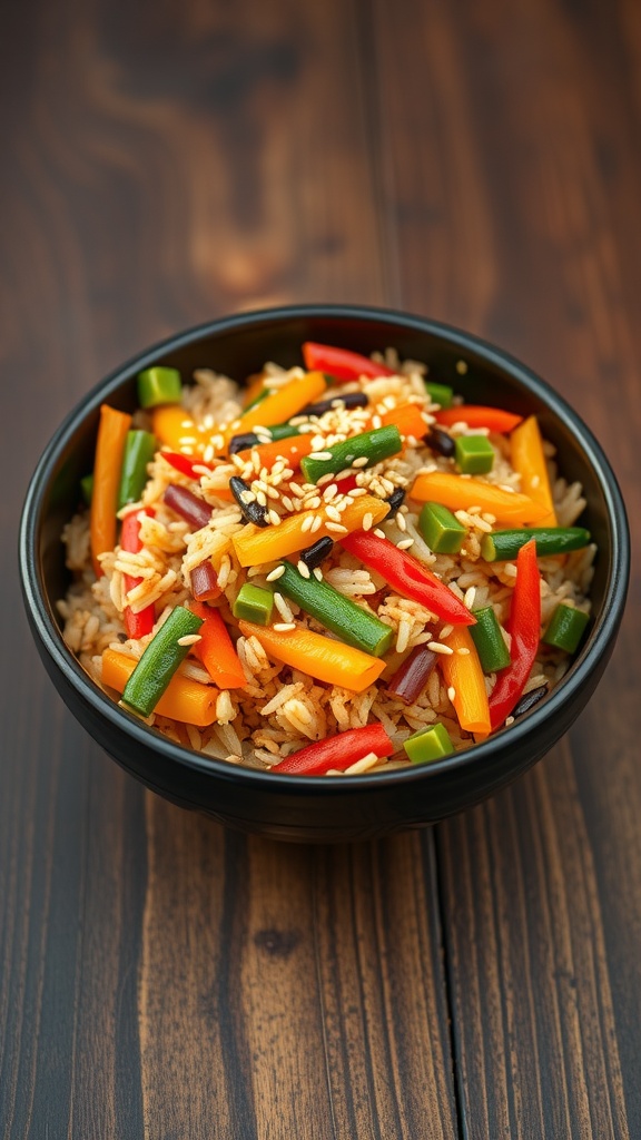 A bowl of colorful vegetable fried rice topped with sesame seeds, showcasing a mix of bell peppers and green onions.