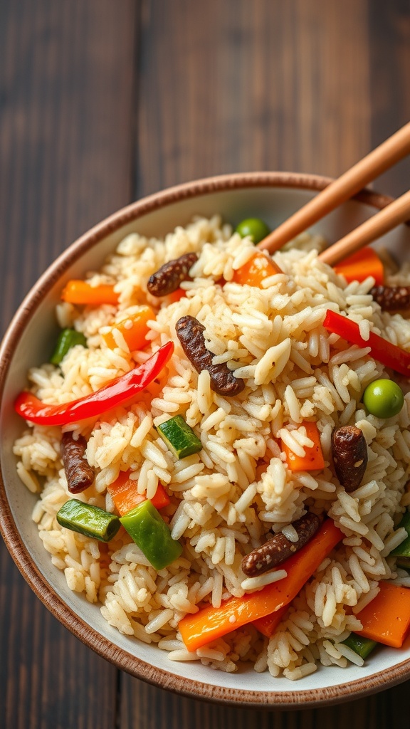 A bowl of homemade vegetable fried rice with colorful vegetables and chopsticks.