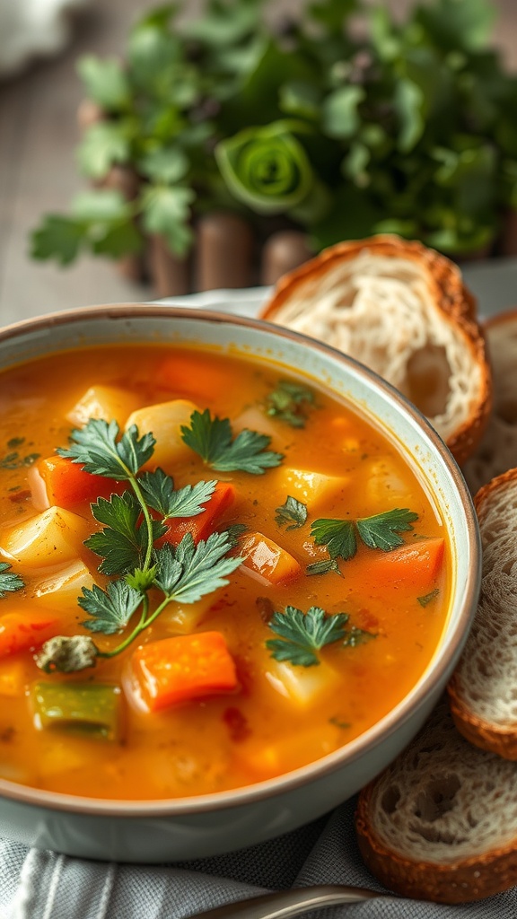 A bowl of homemade vegetable soup garnished with fresh herbs, served with slices of bread.