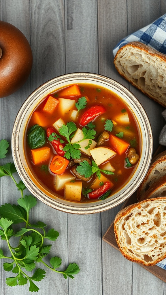 A bowl of homemade vegetable soup with colorful vegetables and fresh herbs.