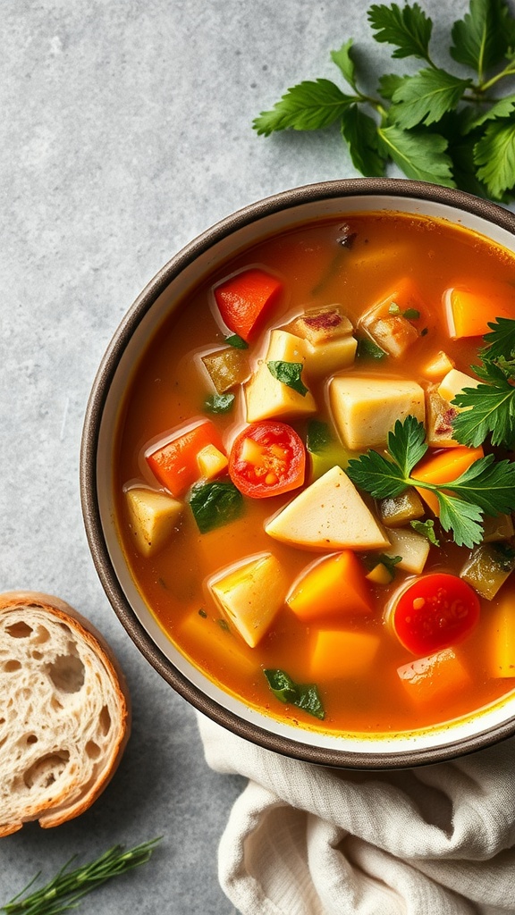 A bowl of colorful homemade vegetable soup garnished with parsley.
